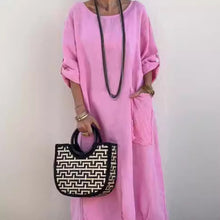 Laden Sie das Bild in den Galerie-Viewer, Einfarbig Tasche Rundhalsausschnitt Langes Kleid