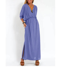 Laden Sie das Bild in den Galerie-Viewer, Lässig Farbe V-Ausschnitt Schlitz Kleid