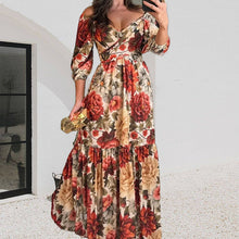 Laden Sie das Bild in den Galerie-Viewer, Schulterfreies Kleid mit Blumendruck