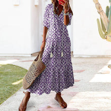 Laden Sie das Bild in den Galerie-Viewer, V-Ausschnitt Lockeres bedrucktes langes Kleid