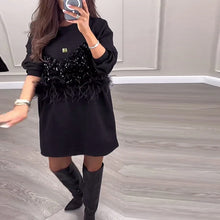 Laden Sie das Bild in den Galerie-Viewer, Modisches Patchworkkleid mit Pailletten und Federn in Volltonfarbe