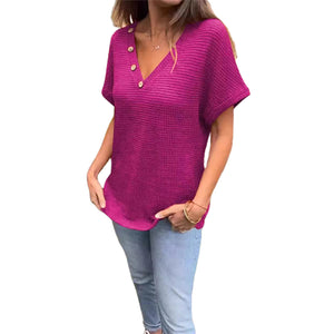 Waffelgitter-Sommer-Kurzarm-T-Shirt mit V-Ausschnitt