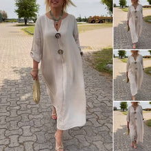 Laden Sie das Bild in den Galerie-Viewer, Lässiges Kleid aus Baumwolle und Leinen mit V-Ausschnitt