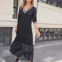 Laden Sie das Bild in den Galerie-Viewer, V-Ausschnitt Langärmliges Mesh-Patchwork-Kleid