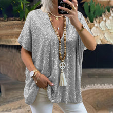 Laden Sie das Bild in den Galerie-Viewer, Lockeres T-Shirt mit V-Ausschnitt und Pailletten