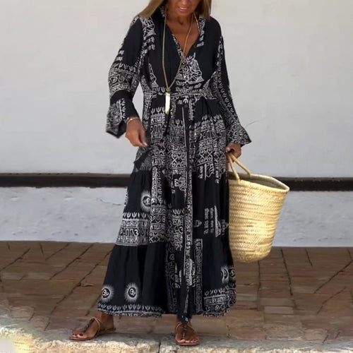 Langer Rock mit Ethno-Print und V-Ausschnitt