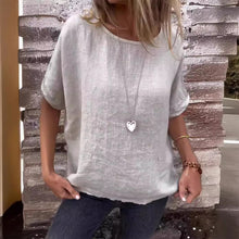 Laden Sie das Bild in den Galerie-Viewer, Einfarbiges Rundhals-Shirt aus Baumwollleinen für Damen