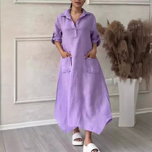 Laden Sie das Bild in den Galerie-Viewer, Lässiges, langes Kleid aus Baumwollleinen für Damen mit Reverstaschen