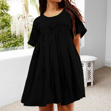 Laden Sie das Bild in den Galerie-Viewer, Einfarbiges plissiertes lockeres Kurzarmkleid, kurzer Rock