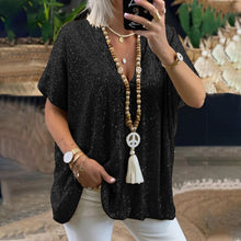 Laden Sie das Bild in den Galerie-Viewer, Lockeres T-Shirt mit V-Ausschnitt und Pailletten
