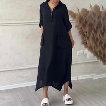 Laden Sie das Bild in den Galerie-Viewer, Lässiges, langes Kleid aus Baumwollleinen für Damen mit Reverstaschen