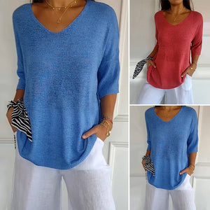 Unifarbenes gestricktes Top mit V-Ausschnitt