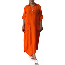 Laden Sie das Bild in den Galerie-Viewer, Lässiges, langes Kleid aus Baumwollleinen für Damen mit Reverstaschen