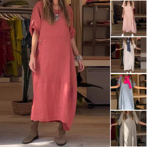 Damenkleid aus Baumwolle und Leinen mit seitlichen Knöpfen