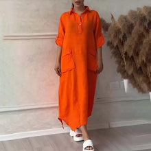 Laden Sie das Bild in den Galerie-Viewer, Lässiges, langes Kleid aus Baumwollleinen für Damen mit Reverstaschen