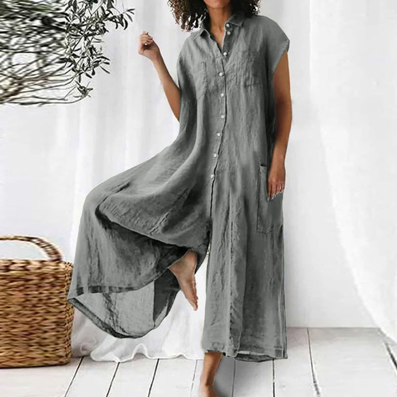 Sommer einfarbiger, lässiger, kurzärmliger Baumwoll-Leinen-Jumpsuit für Damen