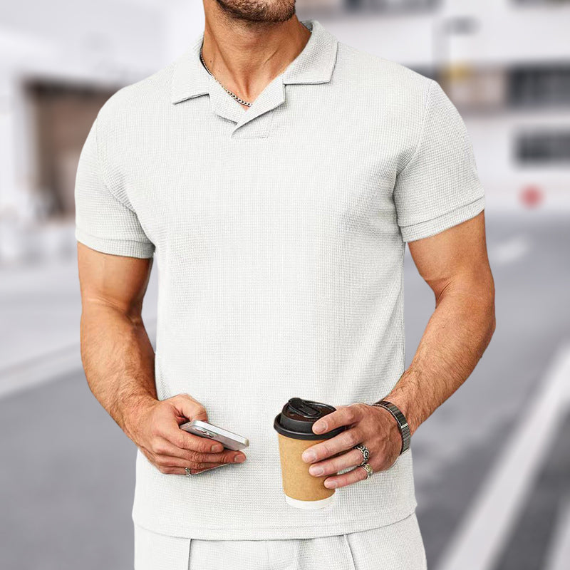 2023 Neues Sommer-Poloshirt mit Waffelmuster und V-Ausschnitt