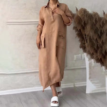 Laden Sie das Bild in den Galerie-Viewer, Lässiges, langes Kleid aus Baumwollleinen für Damen mit Reverstaschen