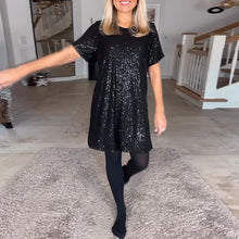 Laden Sie das Bild in den Galerie-Viewer, Rundhals-Kurzarm-Paillettenkleid
