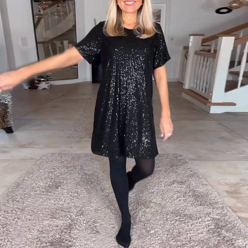 Rundhals-Kurzarm-Paillettenkleid