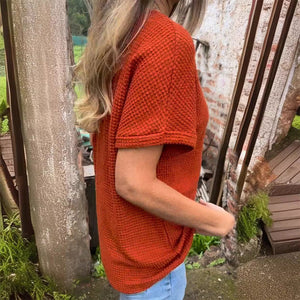 Waffelgitter-Sommer-Kurzarm-T-Shirt mit V-Ausschnitt