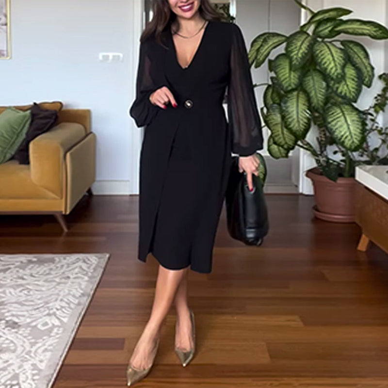 Schmales Kleid mit V-Ausschnitt und Laternenärmeln