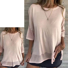 Laden Sie das Bild in den Galerie-Viewer, Lässiges, einfarbiges Rundhals-T-Shirt mit 3/4-Ärmeln für Damen