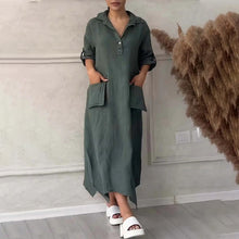 Laden Sie das Bild in den Galerie-Viewer, Lässiges, langes Kleid aus Baumwollleinen für Damen mit Reverstaschen