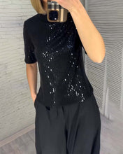 Laden Sie das Bild in den Galerie-Viewer, Schlankmachendes Kurzarm-T-Shirt mit Pailletten