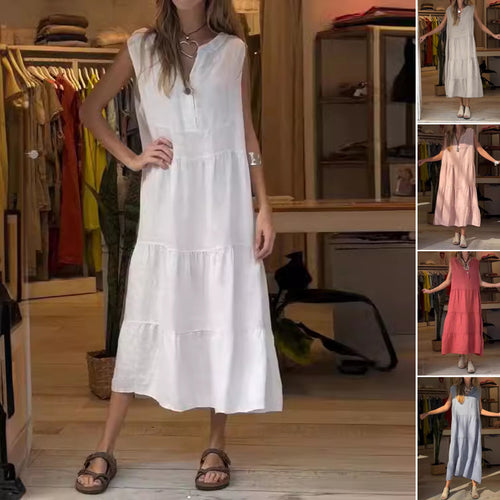 Ärmelloses, langes Stufenkleid mit V-Ausschnitt