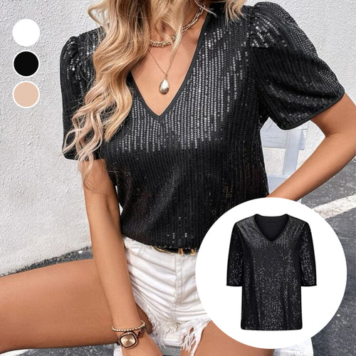 Sexy V-Ausschnitt einfarbiges Pailletten-T-Shirt mit kurzen Ärmeln