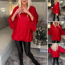 Laden Sie das Bild in den Galerie-Viewer, Paillettenbesetztes Rundhalsshirt mit Laternenärmeln