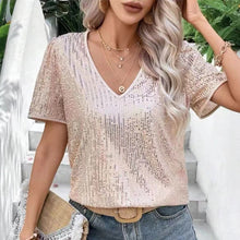 Laden Sie das Bild in den Galerie-Viewer, Sexy V-Ausschnitt einfarbiges Pailletten-T-Shirt mit kurzen Ärmeln