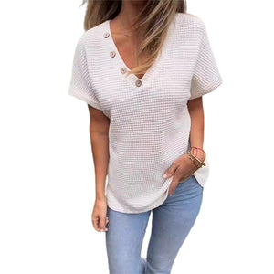Waffelgitter-Sommer-Kurzarm-T-Shirt mit V-Ausschnitt