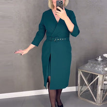 Laden Sie das Bild in den Galerie-Viewer, Kleid mit halblangen Ärmeln, gekreuztem V-Ausschnitt und Temperament und Gürtel