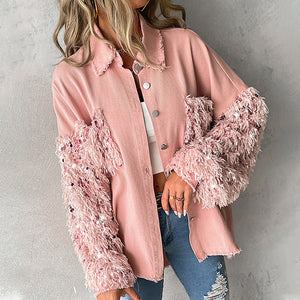 Pailletten-Patchwork-Cardigan-Jacke