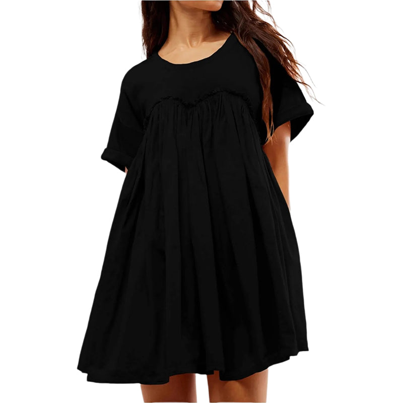 Einfarbiges plissiertes lockeres Kurzarmkleid, kurzer Rock