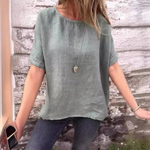 Laden Sie das Bild in den Galerie-Viewer, Einfarbiges Rundhals-Shirt aus Baumwollleinen für Damen
