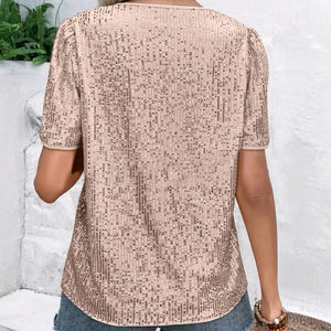 Sexy V-Ausschnitt einfarbiges Pailletten-T-Shirt mit kurzen Ärmeln