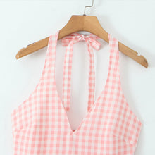 Laden Sie das Bild in den Galerie-Viewer, Kariertes Kleid mit V-Ausschnitt und Riemchenausschnitt