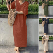 Laden Sie das Bild in den Galerie-Viewer, Sommerkleid mit V-Ausschnitt aus Leinen und Baumwolle