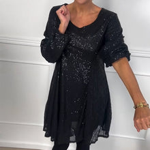 Laden Sie das Bild in den Galerie-Viewer, Elegantes A-Linien-Kleid mit Laternenärmeln und Pailletten