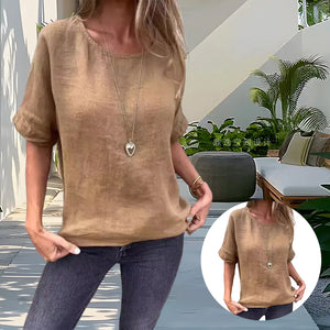 Einfarbiges Rundhals-Shirt aus Baumwollleinen für Damen