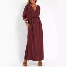 Laden Sie das Bild in den Galerie-Viewer, Lässig Farbe V-Ausschnitt Schlitz Kleid