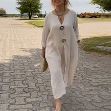 Laden Sie das Bild in den Galerie-Viewer, Lässiges Kleid aus Baumwolle und Leinen mit V-Ausschnitt