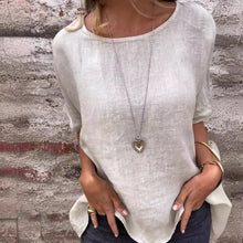 Laden Sie das Bild in den Galerie-Viewer, Einfarbiges Rundhals-Shirt aus Baumwollleinen für Damen