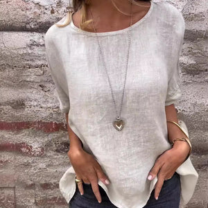 Einfarbiges Rundhals-Shirt aus Baumwollleinen für Damen
