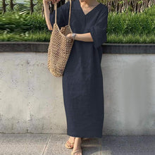 Laden Sie das Bild in den Galerie-Viewer, Sommerkleid mit V-Ausschnitt aus Leinen und Baumwolle