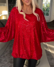 Laden Sie das Bild in den Galerie-Viewer, Paillettenbesetztes Rundhalsshirt mit Laternenärmeln