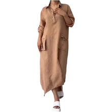 Laden Sie das Bild in den Galerie-Viewer, Lässiges, langes Kleid aus Baumwollleinen für Damen mit Reverstaschen